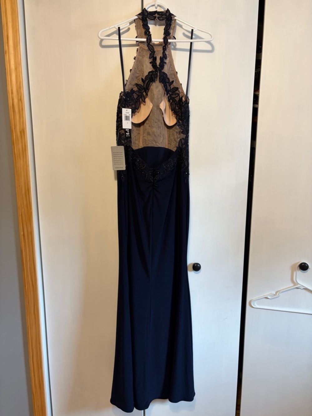 XSCAPE navy halter open back full length lace appliqué beaded prom evening gown - Picture 5 of 17